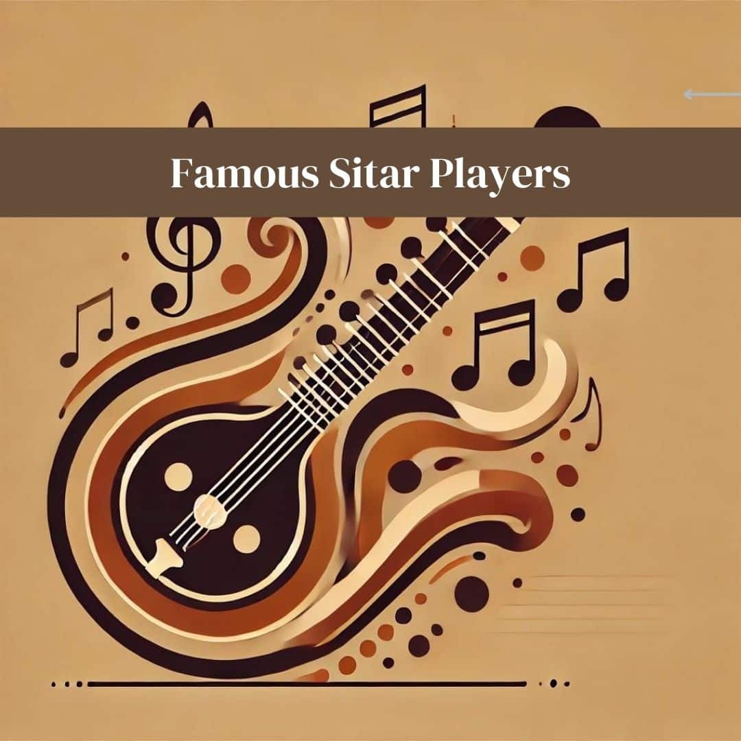 An abstract and minimalistic illustration symbolizing Indian classical music and the sitar. The image features stylized shapes of a sitar and flowing musical notes, set against a background with organic patterns. The color palette includes warm, muted tones of gold, brown, and deep orange, evoking a sense of tradition and cultural heritage. The overall design is simple yet elegant, capturing the rhythm and melody of sitar music in a modern, artistic form.