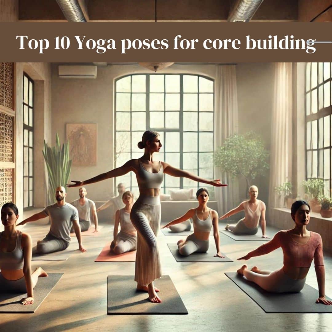 A calm and peaceful yoga studio in New Delhi with natural light streaming through large windows. In the center, a middle-aged Indian female yoga instructor demonstrates core-strengthening yoga poses such as Boat Pose, Plank Pose, and Side Plank Pose. Around her, a diverse group of students, including men and women of various ages, practice these poses with focus and determination. The studio is decorated in a minimalist style with yoga mats, plants, and subtle Indian-inspired elements, creating a tranquil and inclusive atmosphere.