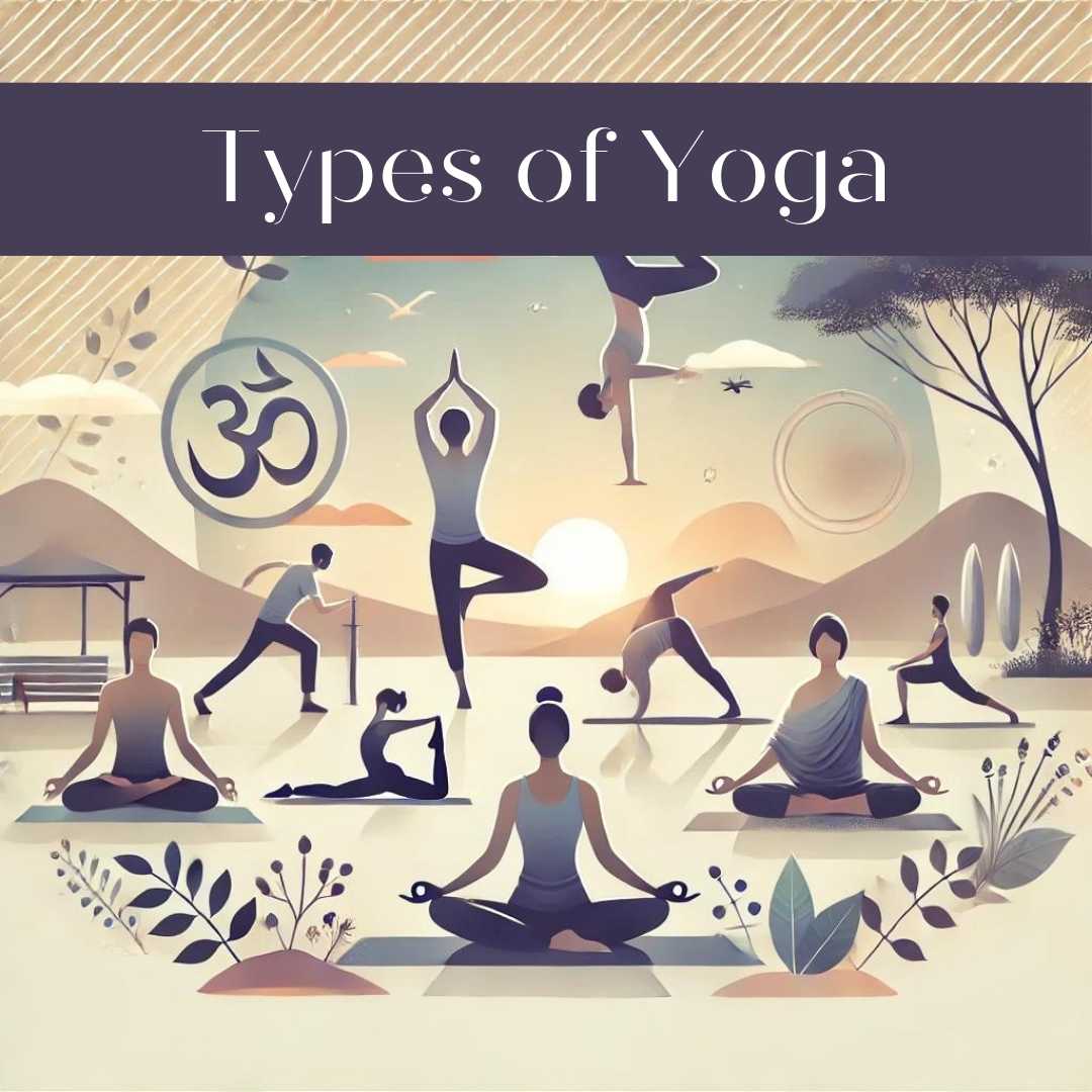 A serene outdoor scene showcasing different types of yoga. Several people are practicing yoga against a backdrop of greenery, mountains, and a soft sunset. The image features practitioners in Hatha, Vinyasa, Kundalini, and Ashtanga yoga poses, symbolizing peace, balance, and wellness.