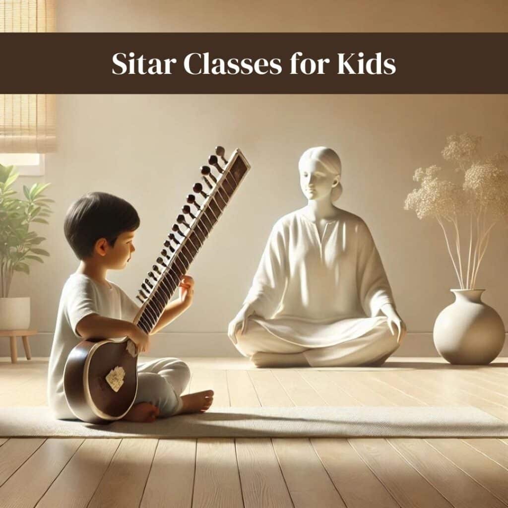 A young child peacefully plays the sitar in a bright and serene room, receiving gentle guidance from a skilled teacher. This nurturing environment, reflective of The Pink Lotus Academia, highlights the focus on fostering musical growth in children, set in a calm and inspiring space. Perfect for young learners beginning their musical journey with the sitar.