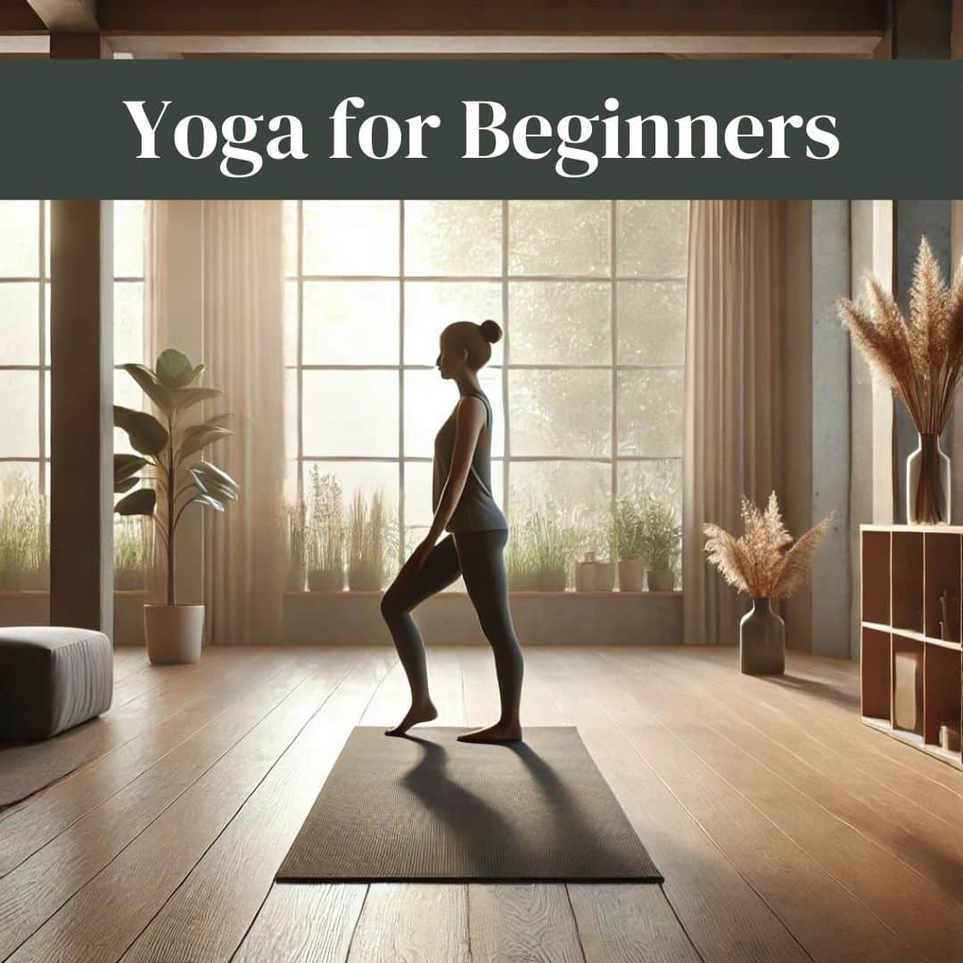 A peaceful indoor yoga scene with a person standing in Mountain Pose (Tadasana) on a yoga mat. The studio is minimalist, with large windows letting in natural light, wooden decor, and a few plants. The person, dressed in comfortable yoga wear, is focused on their posture, creating a serene and calming atmosphere.