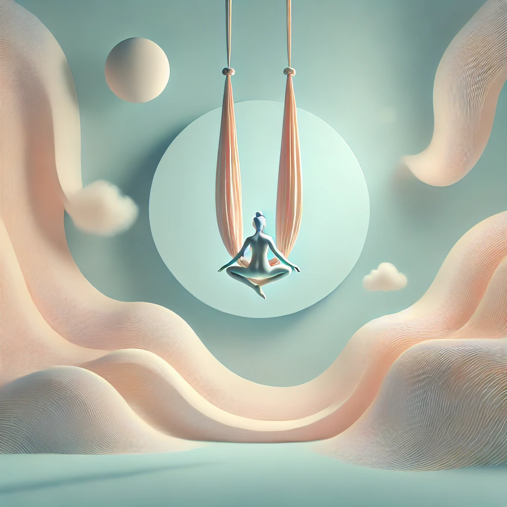 An abstract and aesthetic illustration of an ethereal aerial yoga scene with a minimalistic figure gracefully suspended in hammocks against a pastel background, symbolizing tranquility, strength, and balance in a serene atmosphere.