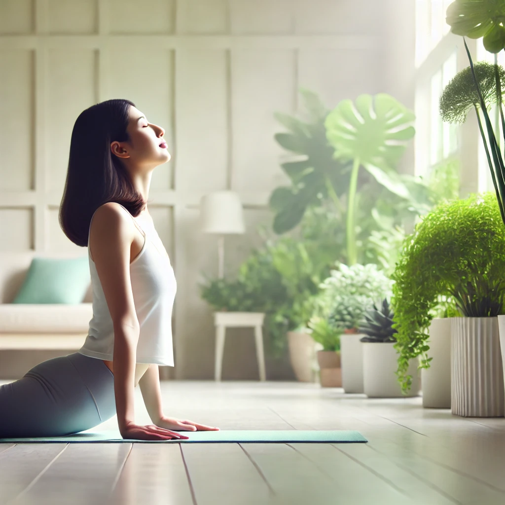 A serene woman performing the cobra pose (Bhujangasana) in a peaceful indoor space with soft lighting and green plants, reflecting calmness, balance, and well-being through yoga.