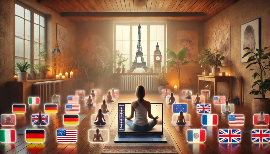 An inspiring image featuring a serene yoga instructor conducting an online class from a tranquil studio. On her screen, diverse students from the USA, Germany, France, UK, and Spain are connected, symbolizing the global reach and community of The Pink Lotus Academia's online certification program. Subtle elements like country flags or landmarks appear in the background to represent the international aspect.