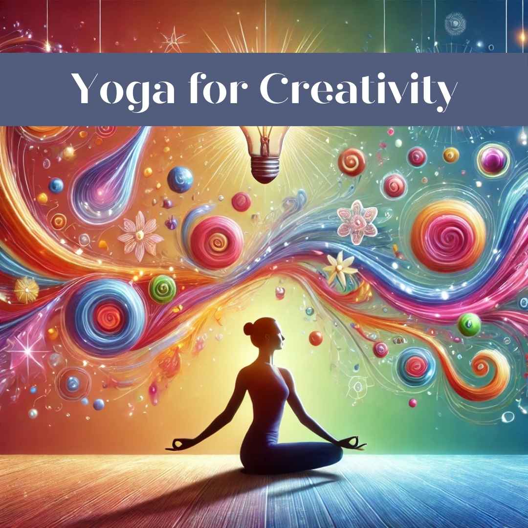 A person performing yoga poses with creative elements swirling around, symbolizing the enhancement of creativity through yoga.