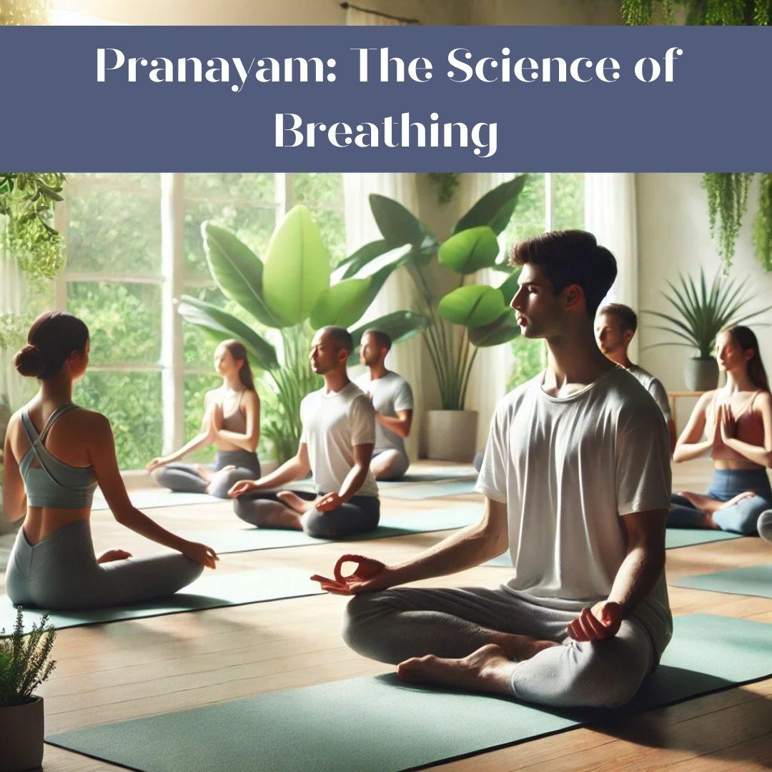 A serene yoga class environment where participants sit cross-legged, practicing breath control techniques under soft natural light. The setting includes gentle yoga mats, peaceful greenery in the background, and a calm instructor guiding the session, evoking relaxation, focus, and balance.