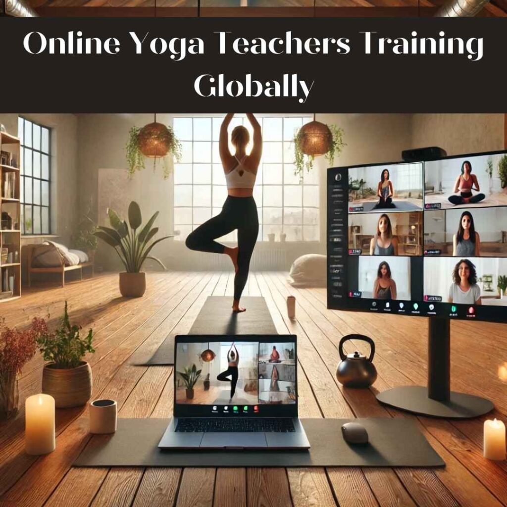 A yoga teacher conducting an online class from a serene, minimalistic studio with warm lighting and natural elements. The teacher demonstrates Tree Pose (Vrksasana) while students from countries like Spain, UK, USA, Germany, and France participate via video conferencing on a large screen. The setup highlights professional audio and video quality for seamless learning.