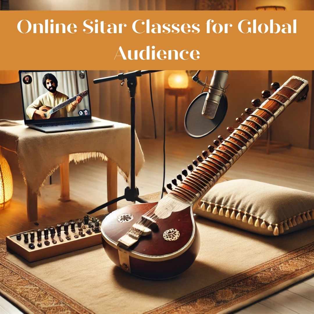 A serene and professional setup for online sitar classes, showcasing a sitar on a mat with soft lighting, a laptop displaying a video call with an instructor, and a microphone for recording, blending tradition with modern technology.