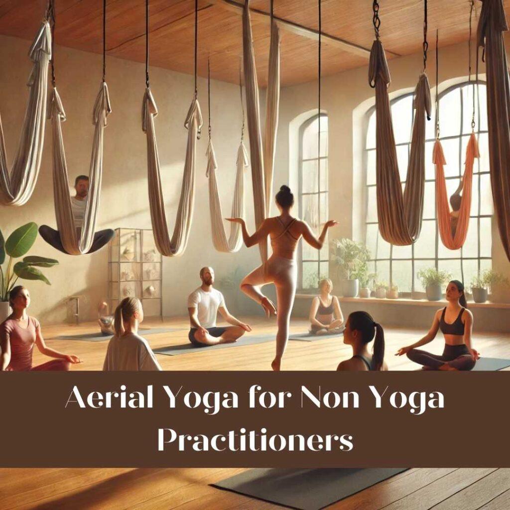 Beginners practicing aerial yoga poses while suspended in hammocks at a serene studio with soft natural lighting, wooden flooring, and a calming ambiance, guided by an instructor