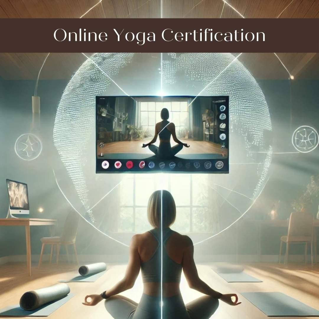 A serene and minimalistic yoga studio, featuring a yoga instructor in a peaceful pose while guiding a virtual class through a computer screen. The backdrop highlights natural lighting with soft mats on the floor, symbolizing the accessibility of online yoga certification globally. Subtle icons representing Spain, UK, France, Singapore, Malaysia, and Germany are integrated, emphasizing the worldwide reach of The Pink Lotus Academia's online yoga program.