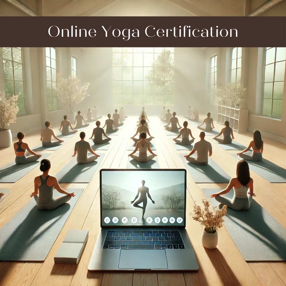 A serene image of a yoga instructor guiding students through an online yoga session. Each student appears on a tablet or laptop screen placed on their yoga mats in a tranquil, sunlit room, symbolizing the global and flexible nature of online yoga certification.