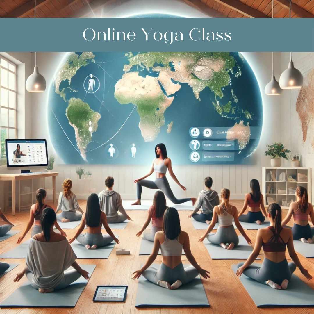 A serene online yoga class where a teacher demonstrates poses on a screen, while students from various countries practice yoga at home. The backdrop includes global elements like a world map, with a peaceful yoga studio atmosphere featuring light mats and soft lighting