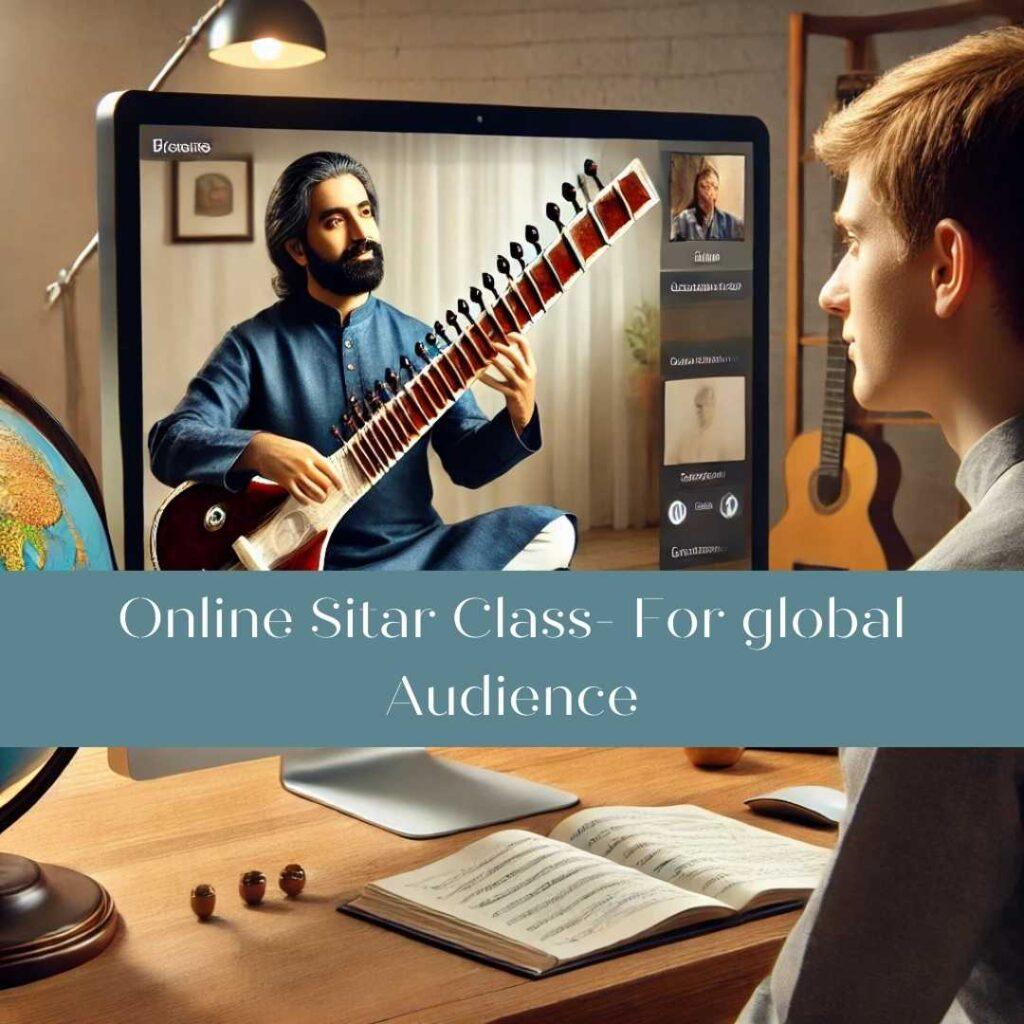 A virtual sitar lesson displayed on a computer screen, featuring a teacher playing the sitar while a student attentively follows along. The modern setup includes high-quality audio and video equipment, with a globe in the background symbolizing a global audience from countries like the USA, UK, Spain, Canada, and Germany. The atmosphere reflects professionalism and dedication to Indian classical music