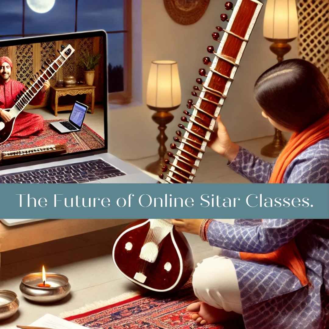 A serene music learning environment where a student is playing the sitar while attending an online class on a laptop. The screen displays an instructor in traditional Indian attire. The room is decorated with soft lighting, Indian cushions, and a low table, reflecting a peaceful and traditional yet modern approach to learning Indian classical music.