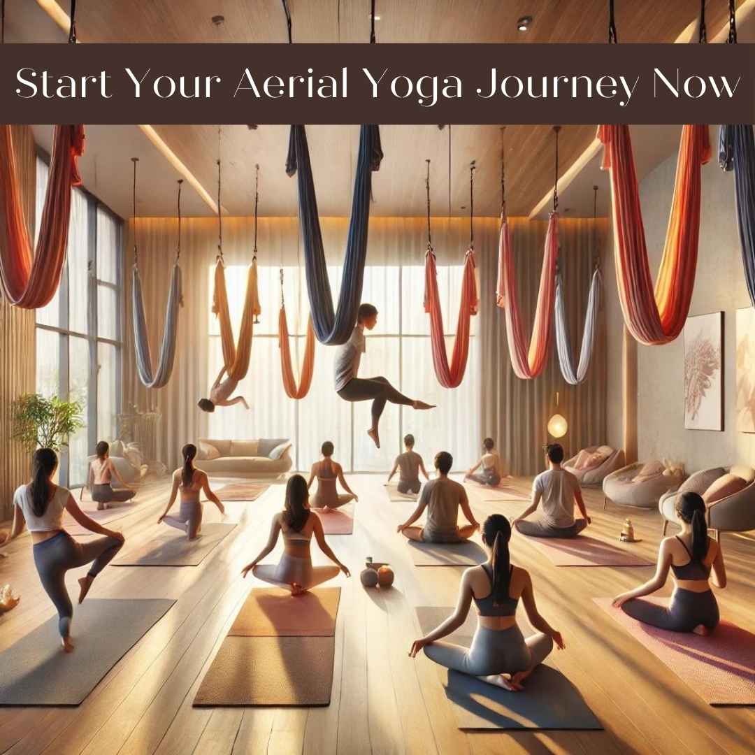 "An aerial yoga class in Delhi at The Pink Lotus Academia, featuring students gracefully suspended in hammocks within a tranquil, softly lit studio environment, guided by an instructor in a serene atmosphere.