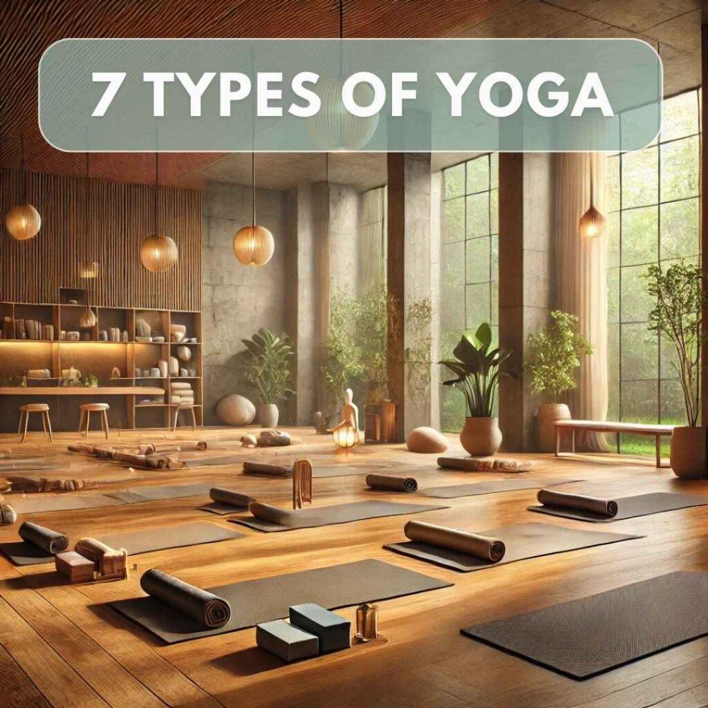 A tranquil yoga studio interior in Delhi NCR with yoga mats on natural wood floors, soft lighting, minimal decor, and neatly arranged yoga props. Large windows reveal lush greenery outside, blending a peaceful indoor setting with nature, perfect for yoga practice