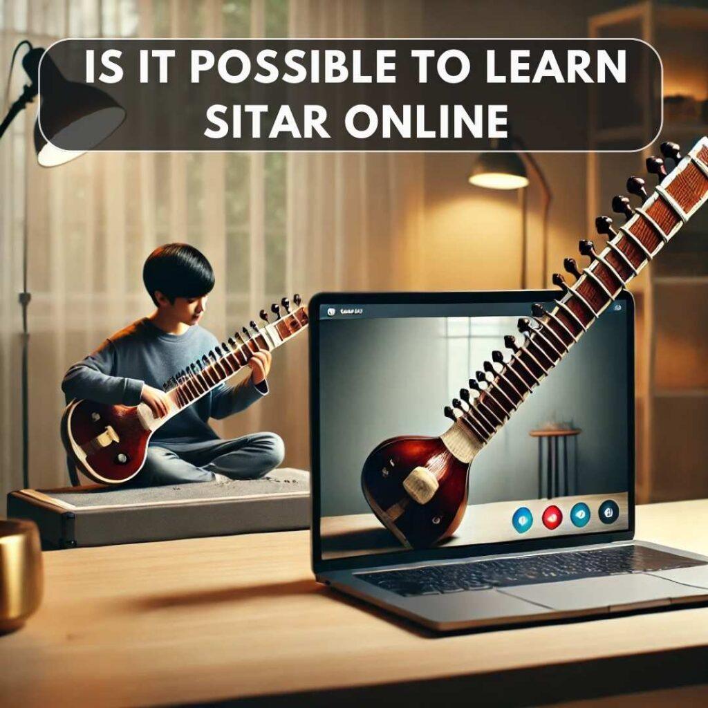 A young student learning Sitar online, sitting beside a Sitar with a laptop displaying an instructor. The background features a professional audio-video setup, soft lighting, and minimalistic decor, creating a calm and immersive environment for online music education.