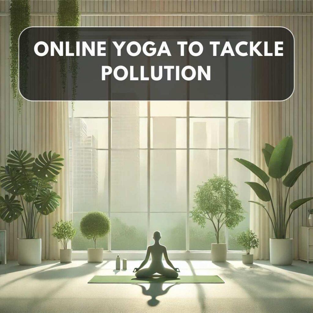 A serene illustration of a person practicing yoga in a clean, green indoor space with soft sunlight streaming through large windows. The windows reveal a hazy, polluted urban skyline outside, contrasting with the calm indoor ambiance. The room includes a yoga mat, lush green plants, and a soothing minimalist design.