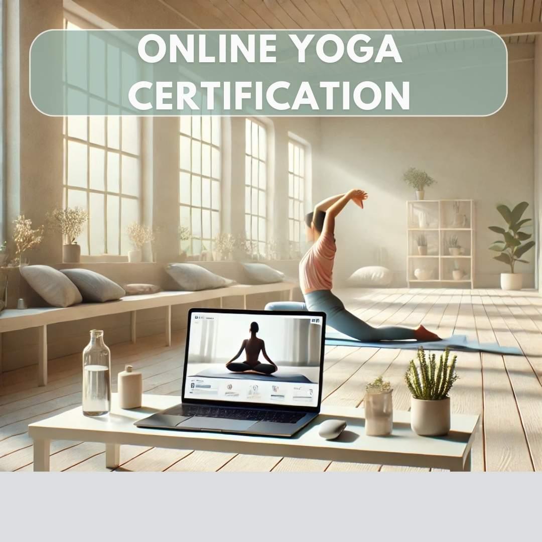 A person practicing yoga indoors while following an online yoga teacher training course on a laptop. The room has natural light, a yoga mat, and potted plants, creating a peaceful and inviting atmosphere ideal for online yoga practice.