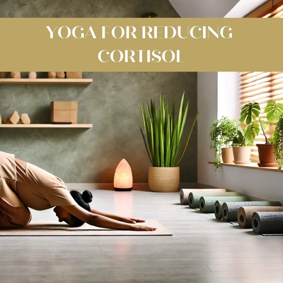 A peaceful indoor yoga studio in New Delhi NCR featuring a woman practicing Child's Pose (Balasana) on a yoga mat. The setting includes soft lighting, green plants, and calming elements like a Himalayan salt lamp and neatly arranged yoga mats, emphasizing relaxation and stress relief.