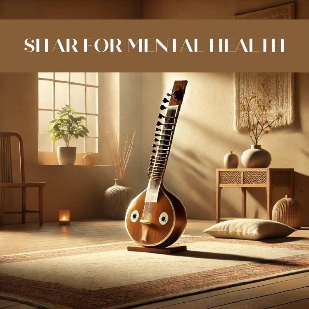 A serene and meditative setting featuring a sitar on a traditional Indian rug in a softly lit room, symbolizing the therapeutic and spiritual essence of the sitar. The minimalist decor includes a small indoor plant and sunlight streaming through an open window.