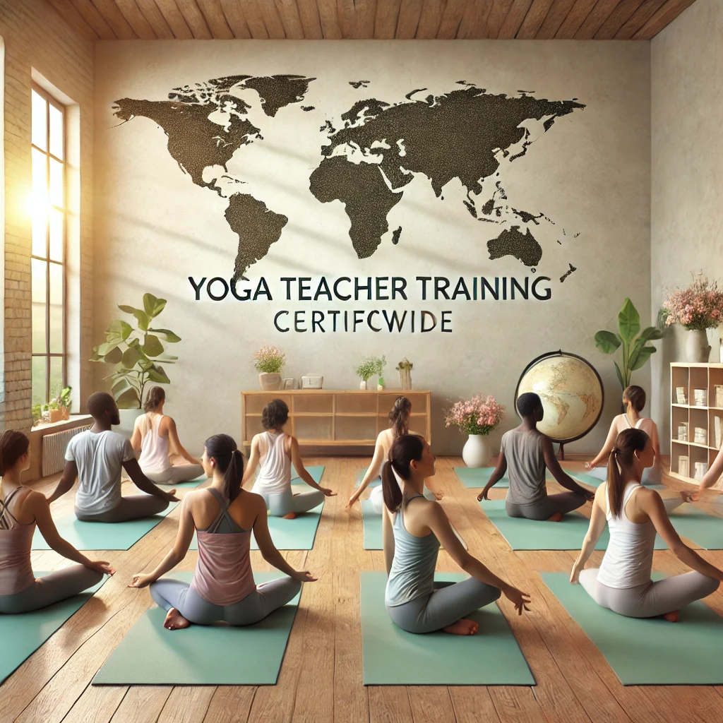 A serene yoga teacher training session featuring a diverse group of students practicing in a minimalist studio with soft lighting, wooden floors, and greenery, emphasizing global inclusivity for yoga teaching certification online and offline, targeting France, Germany, Spain, USA, England, and Japan.