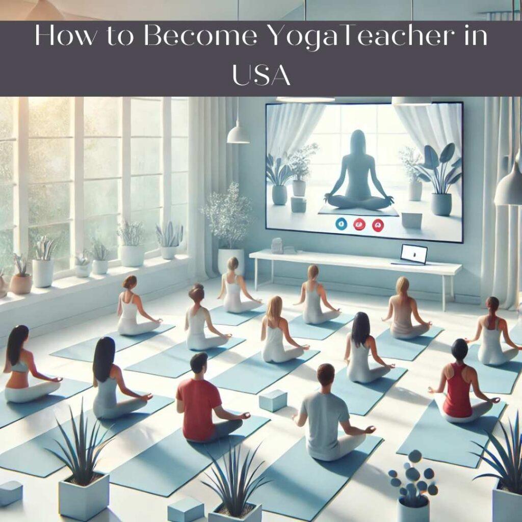 A serene illustration of a diverse group practicing yoga in a tranquil room with natural light, guided by a virtual instructor displayed on a large screen, symbolizing online yoga teacher training.