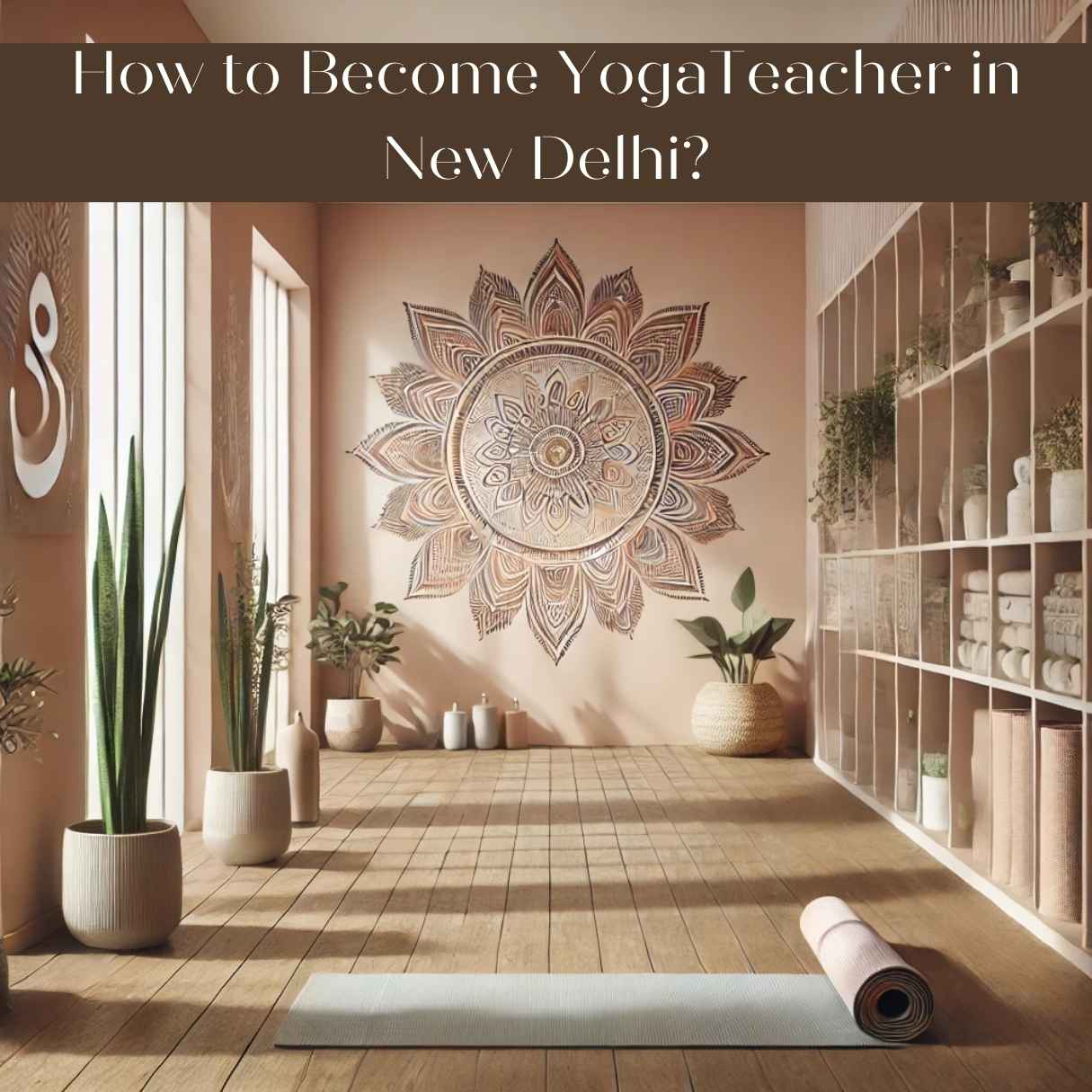 A tranquil yoga studio in New Delhi featuring natural light, wooden floors, and neatly arranged mats, embodying serenity and harmony. Elements like a decorative mandala pattern and potted plants enhance the cultural and calming vibe, ideal for yoga teacher training.