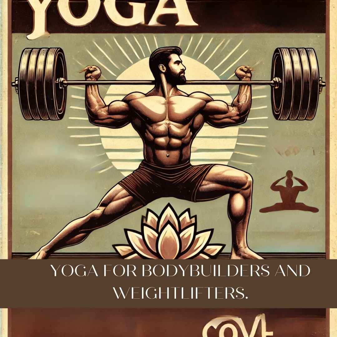 A vintage poster-style design featuring a muscular weightlifter in Warrior II yoga pose, surrounded by symbolic elements like dumbbells and lotus flowers, with a retro earthy-toned background highlighting the balance between strength and mindfulness.