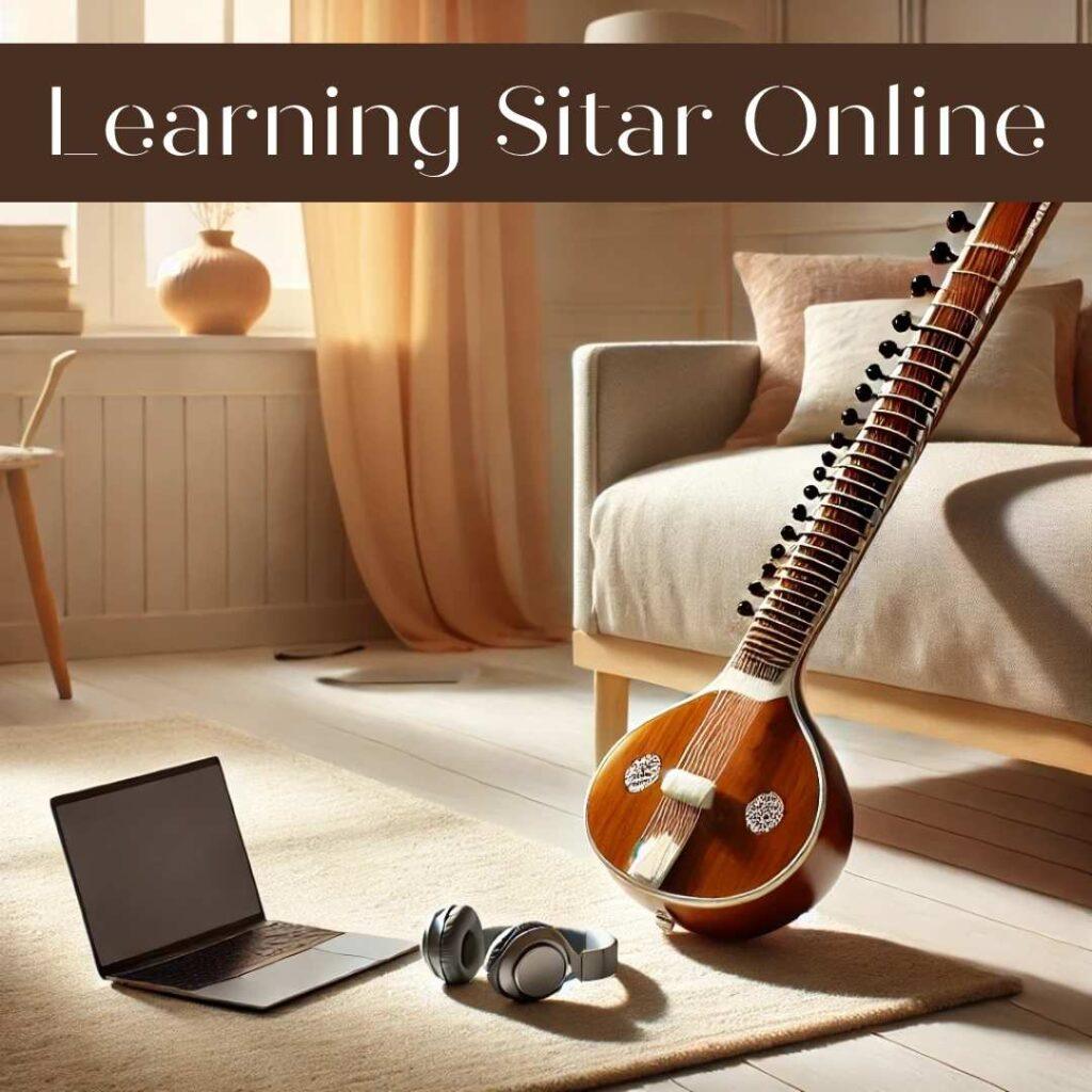 Minimalistic illustration of a sitar on a soft carpet with a laptop and headphones nearby, symbolizing online learning in a bright, serene home setting with natural light streaming through a window.