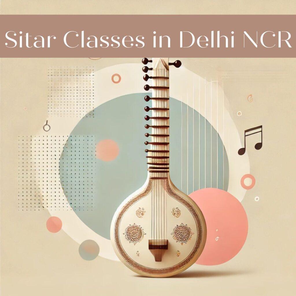 A minimal and aesthetic illustration of a sitar against a serene background, featuring pastel tones and floating music notes, symbolizing elegance and Indian musical heritage.