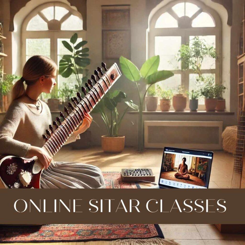 A European student practicing the sitar in a serene home studio setting, with a laptop displaying an online sitar class from The Pink Lotus Academia. The room is adorned with traditional Indian decor, featuring cushions and a low wooden table, with natural light streaming through large windows