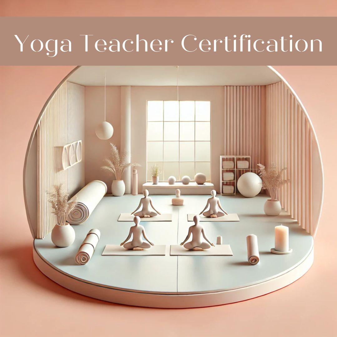 A serene 3D minimal aesthetic illustration of a yoga studio with an instructor and students practicing yoga. The space features soft pastel tones, large windows letting in natural light, neatly arranged yoga mats, and calming elements like plants and candles, creating a tranquil and focused atmosphere suitable for a yoga certification environment.