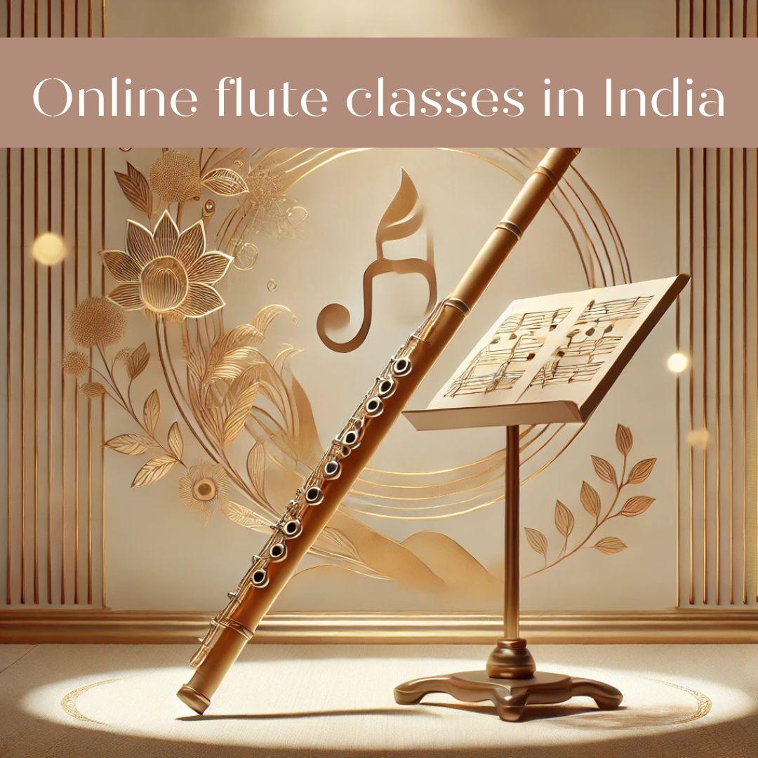 A 3D aesthetic illustration of a bamboo flute on a stylish music stand, illuminated by soft golden light. The background features elegant floral patterns and warm tones, blending a traditional and modern artistic vibe, ideal for promoting online flute classes.