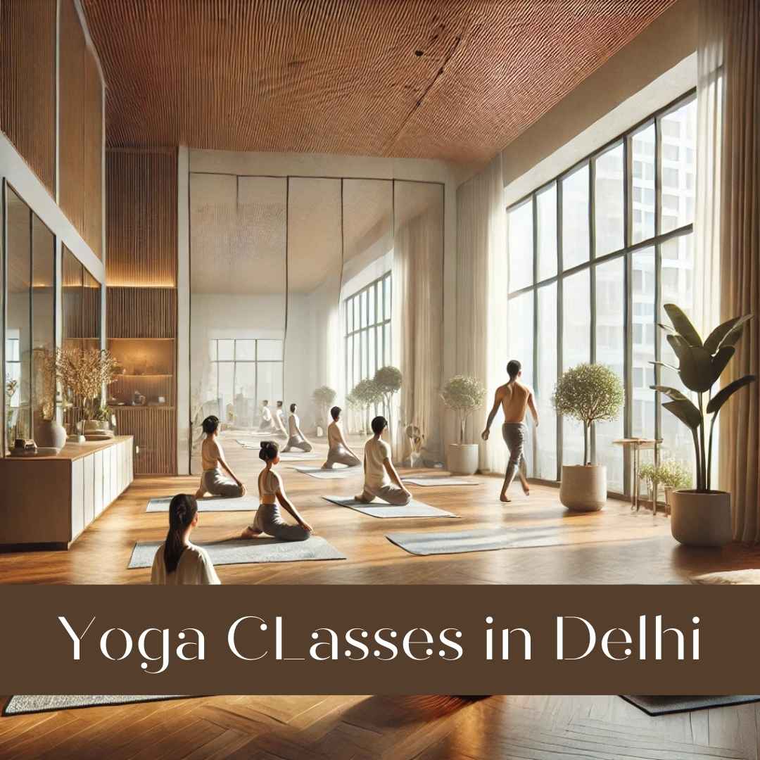 A tranquil yoga studio in Delhi, India, showcasing individuals practicing yoga in a bright and serene environment. The studio features wooden floors, large sunlit windows, minimalistic decor, and lush green plants, creating a peaceful and premium setting for yoga sessions.