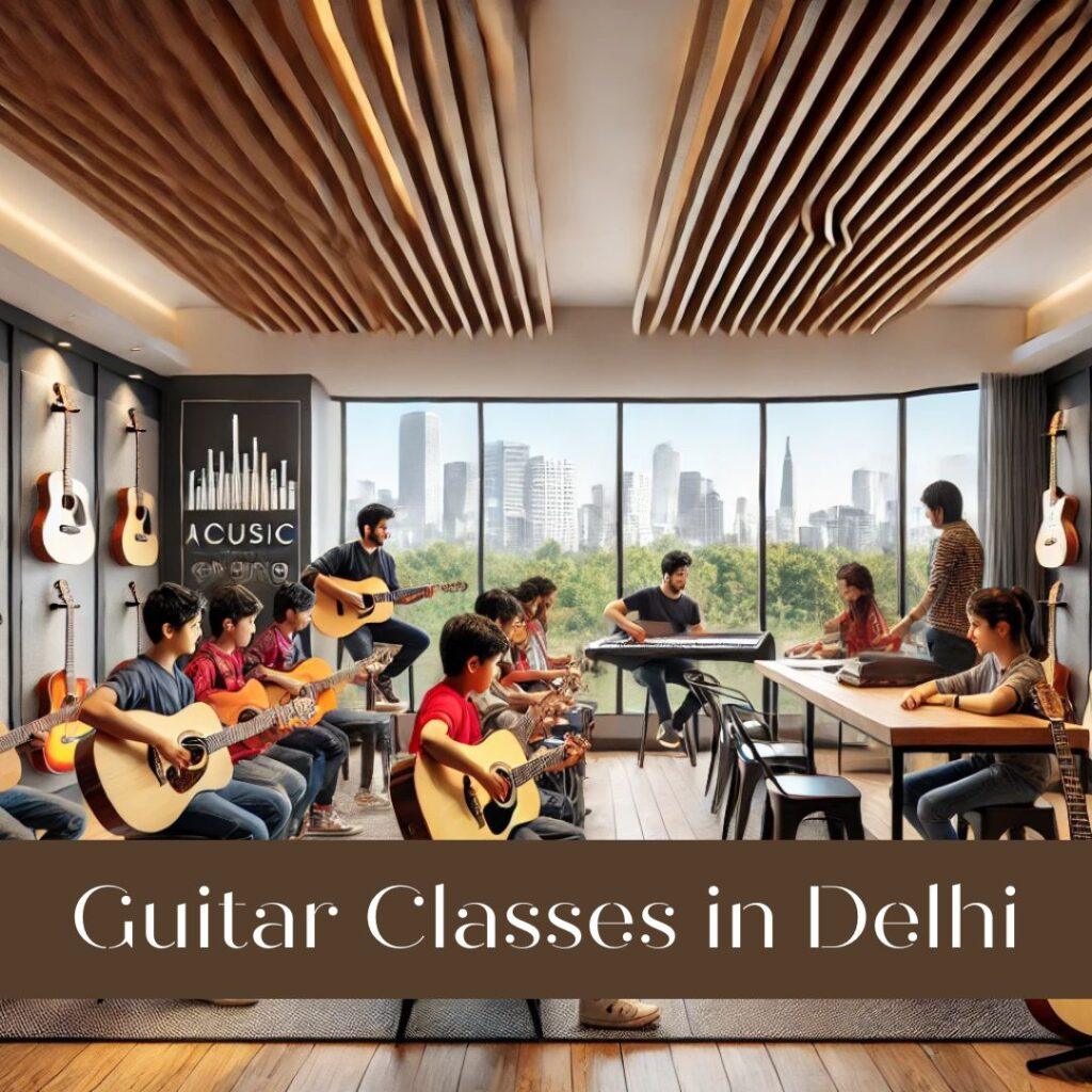 A vibrant and modern music classroom in New Delhi with students of various ages learning guitar under the guidance of an instructor. The room features state-of-the-art acoustic design, guitars displayed on walls, and a lively, collaborative atmosphere fostering creativity and learning.