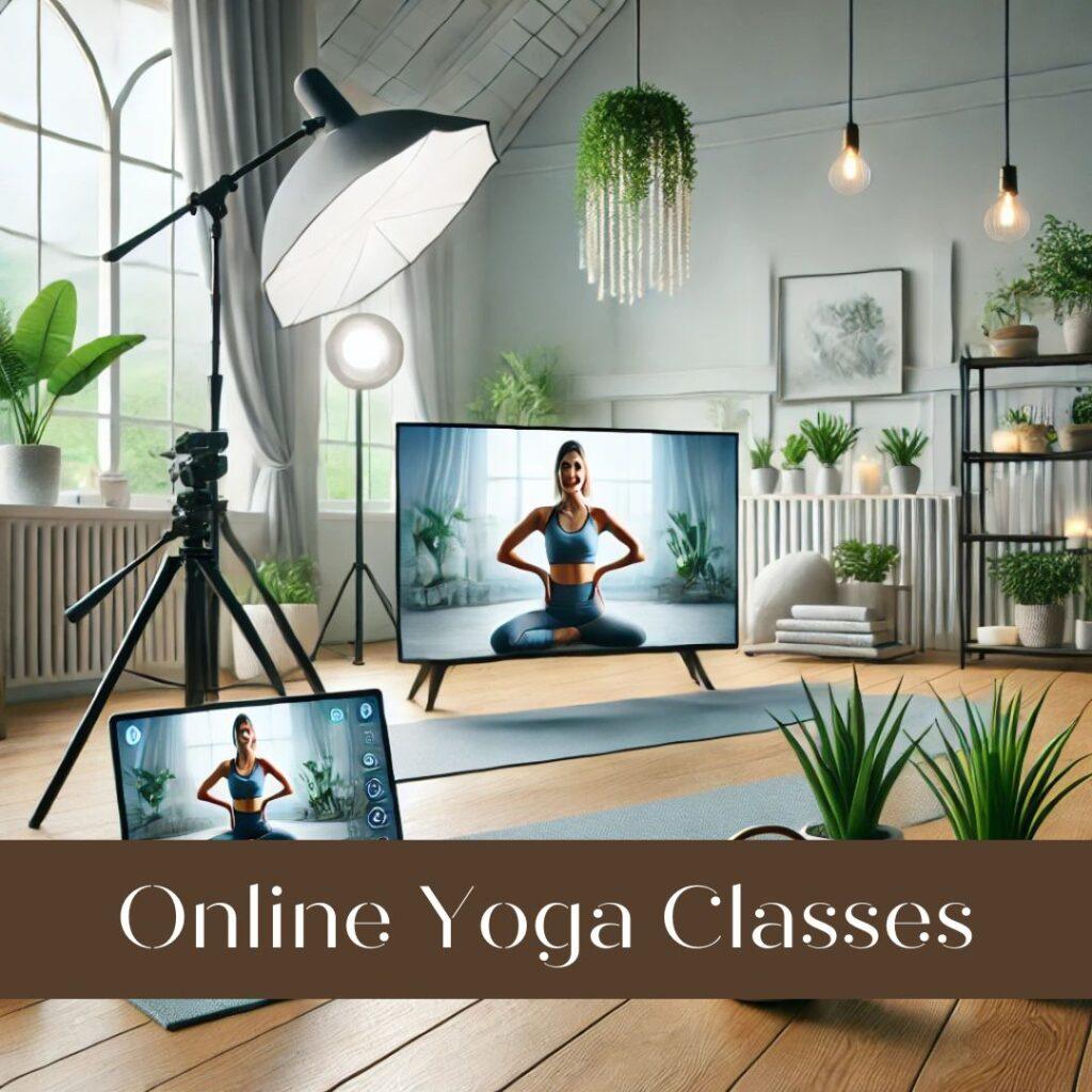 A serene yoga setup with a yoga mat, plants, and a laptop streaming a yoga session by a cheerful instructor, showcasing a tranquil and professional online yoga class environment.