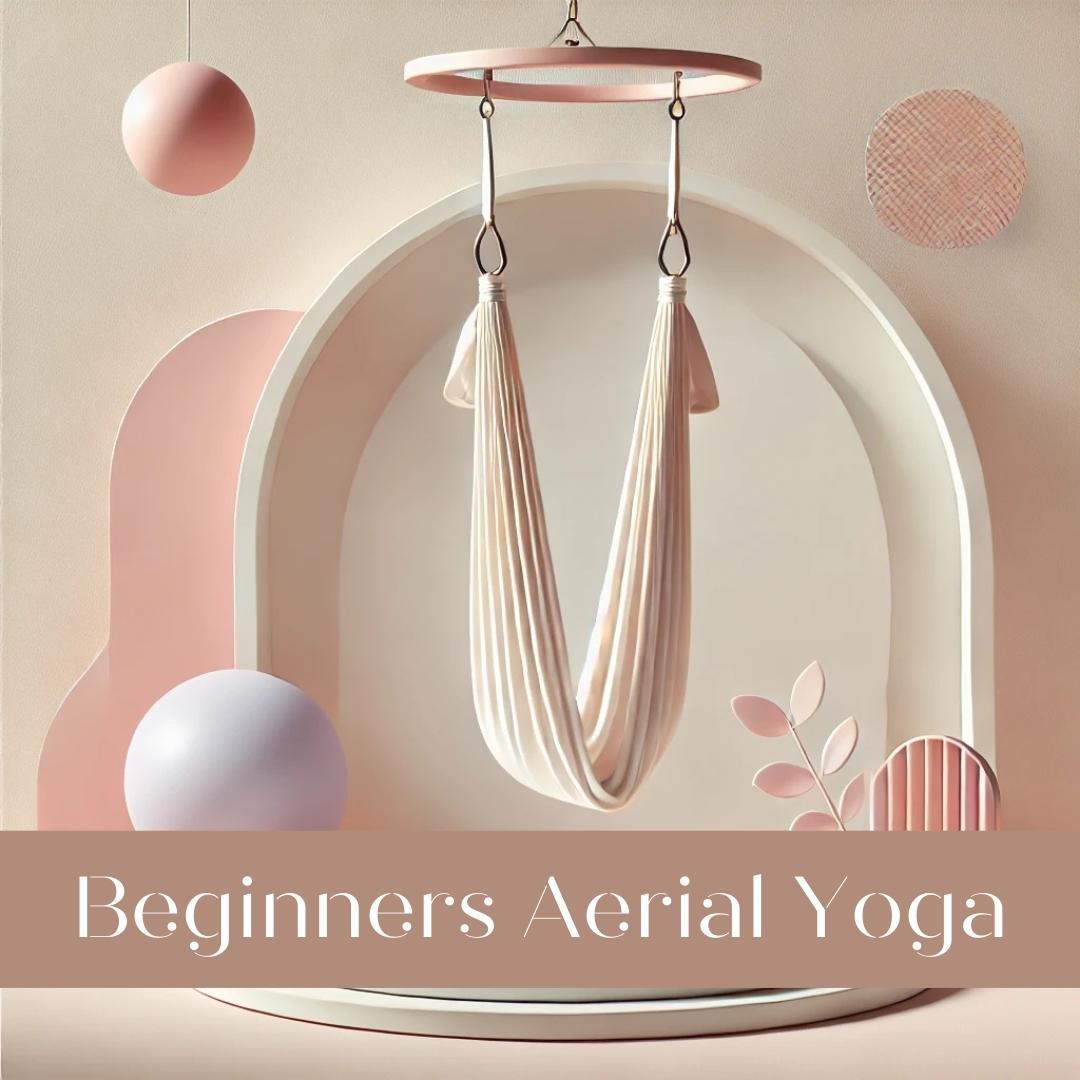 A minimalistic 3D illustration of a suspended aerial yoga hammock in soft pastel colors (light pink, lavender, and white) against a clean, serene background, symbolizing calm and relaxation for beginners.