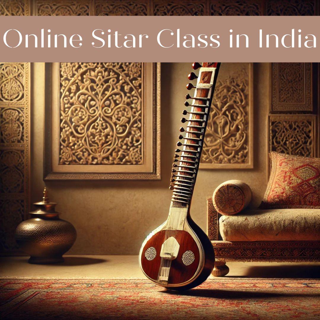 An elegant sitar resting on a traditional Indian carpet, illuminated by warm, soft lighting. The background features classical Indian art motifs, evoking the rich heritage of Indian classical music and the ambiance of traditional learning.