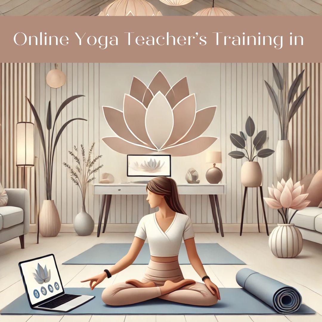 A serene illustration of a yoga teacher conducting an online session through a laptop in a modern, tranquil setting. The environment features soft neutral tones, yoga mats, green plants, and lotus-inspired decor, symbolizing balance, flexibility, and the global reach of online yoga teacher certifications.