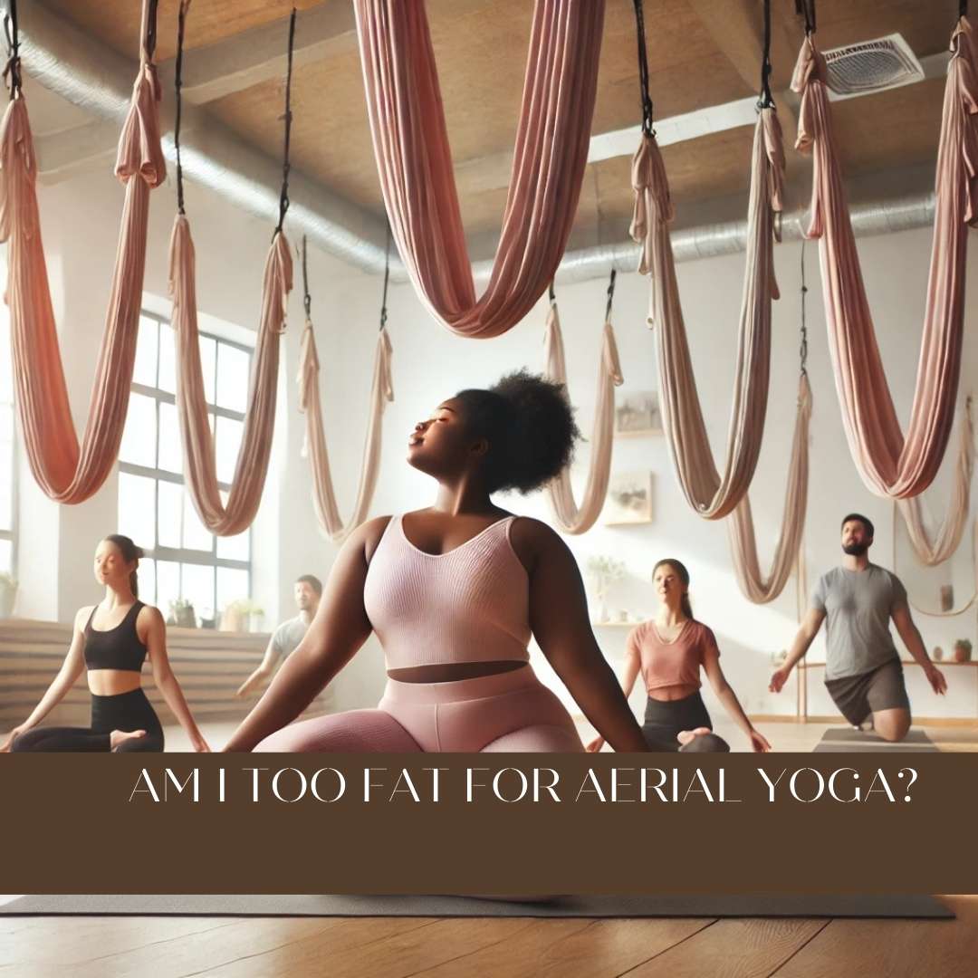 A serene yoga studio featuring aerial yoga hammocks with individuals of diverse body types practicing yoga poses in mid-air. The environment exudes inclusivity and positivity, with soft pink and beige tones creating a calm and welcoming atmosphere. A plus-sized individual is highlighted, gracefully performing a pose in a supportive setting.