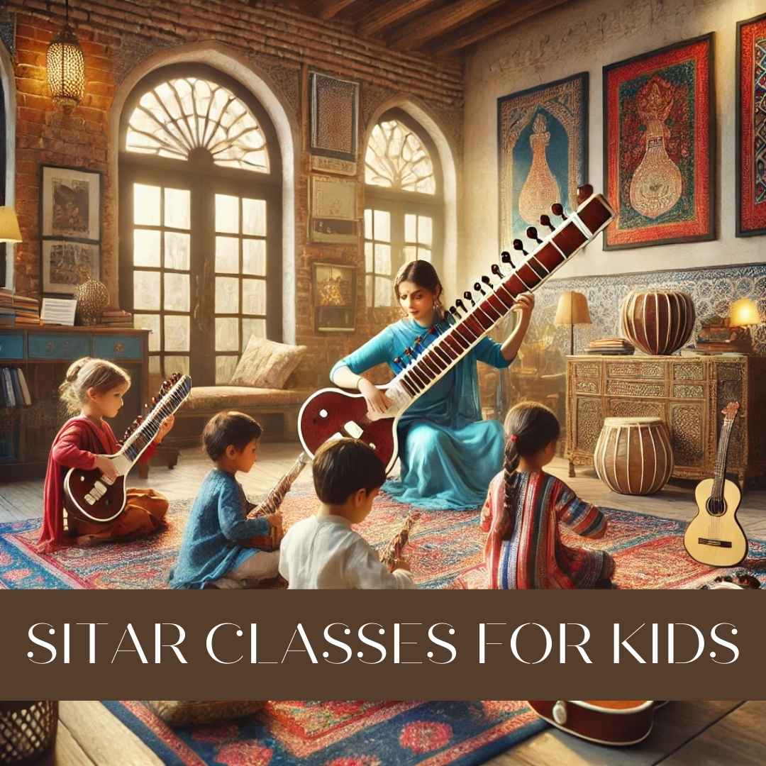 A vibrant and engaging sitar classroom for kids in New Delhi, featuring a child-friendly environment with colorful decor, young learners playing sitars, and a teacher providing nurturing guidance in a culturally rich setting.