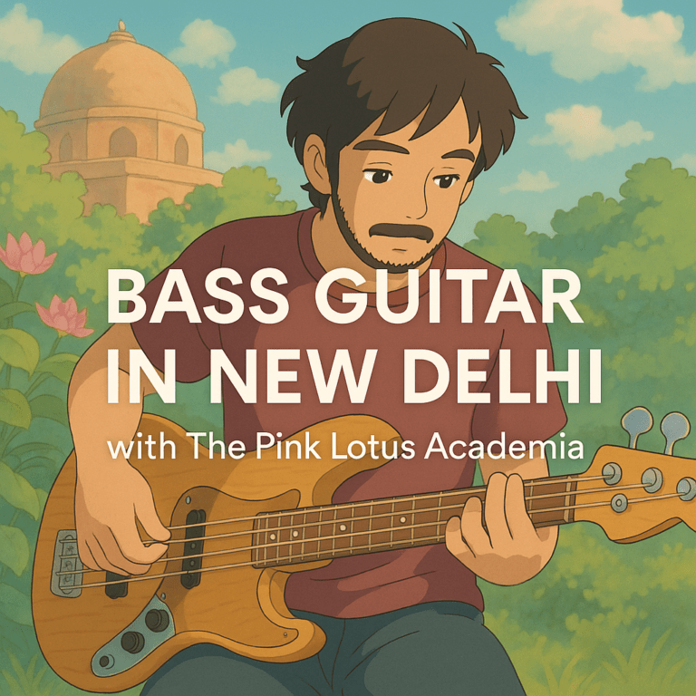 A young South Asian man in a burgundy t-shirt playing a natural wood-finished bass guitar, surrounded by soft pink flowers and greenery, promoting bass guitar lessons at The Pink Lotus Academia in New Delhi.