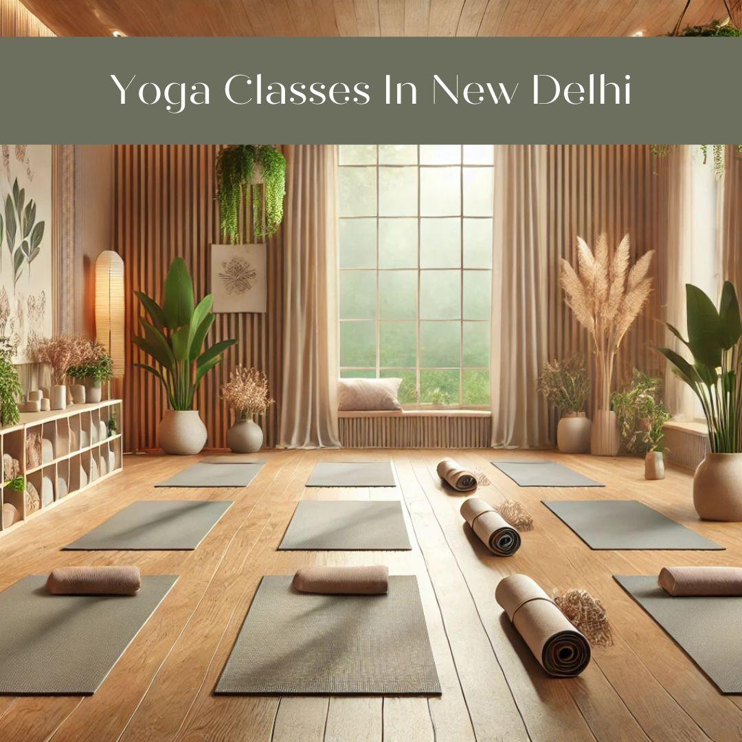 A peaceful yoga studio designed for beginners, featuring neatly arranged yoga mats on a wooden floor, soft natural lighting, and tranquil indoor plants creating an inviting atmosphere.