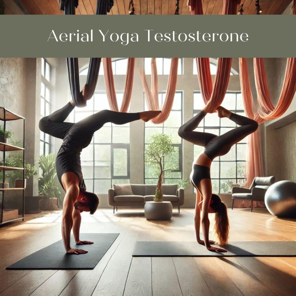 Aerial yoga session in a serene studio with silk hammocks. A male and female practitioner perform inverted poses, emphasizing strength, flexibility, and balance, guided by an instructor in a minimalist, peaceful setting.