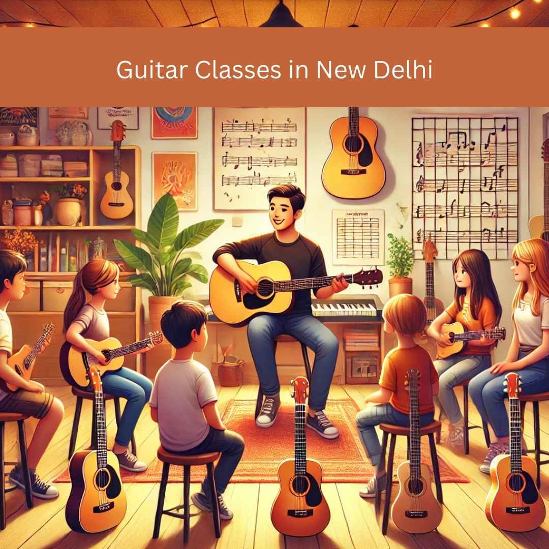 A group of learners seated in a cozy music studio, each holding a guitar, attentively following their instructor’s guidance. The room contains various musical instruments, reflecting a welcoming environment for enthusiastic guitar players.