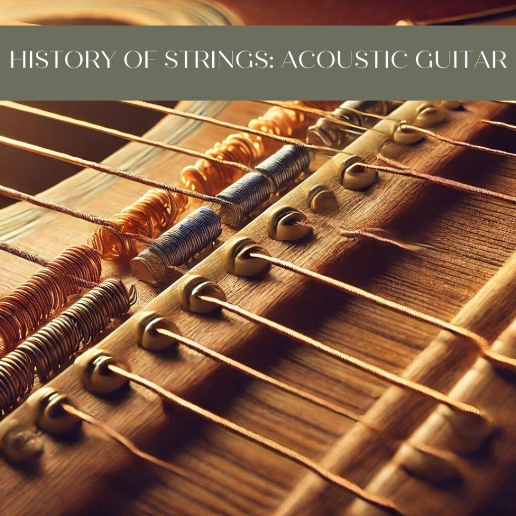 Close-up image illustrating the evolution of acoustic guitar strings, transitioning from traditional gut strings to modern steel strings with warm lighting and a natural wooden guitar background.