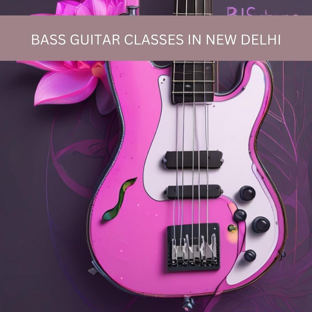 A detailed 3D illustration of a bass guitar adorned by a pink lotus flower set against a softly glowing neon backdrop, symbolizing creativity and musical elegance