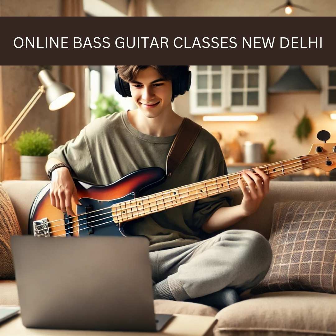 Person learning bass guitar online at home through The Pink Lotus Academia.