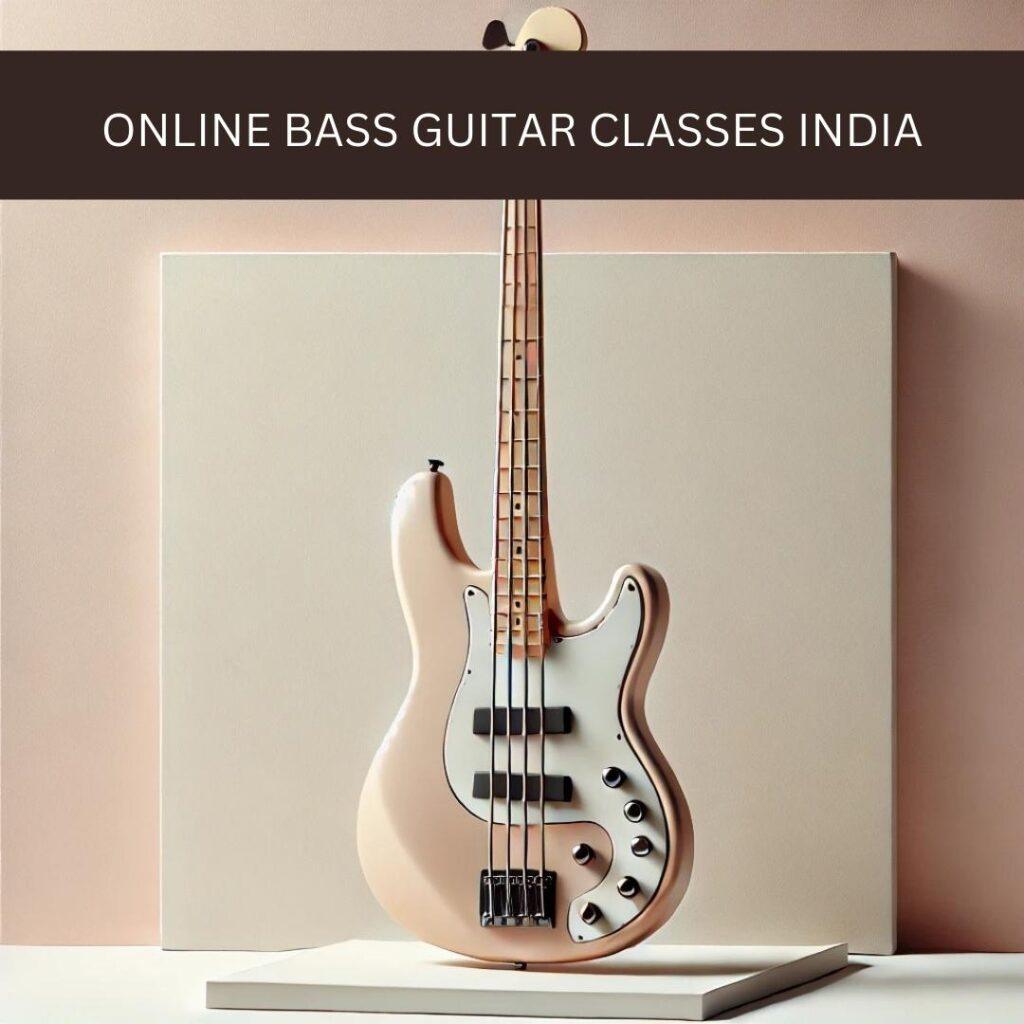 Minimalistic aesthetic 3D illustration of a bass guitar rendered in soft pastel colors with subtle shadows and clean lines against a neutral background, evoking a modern and sophisticated feel suitable for music education content.